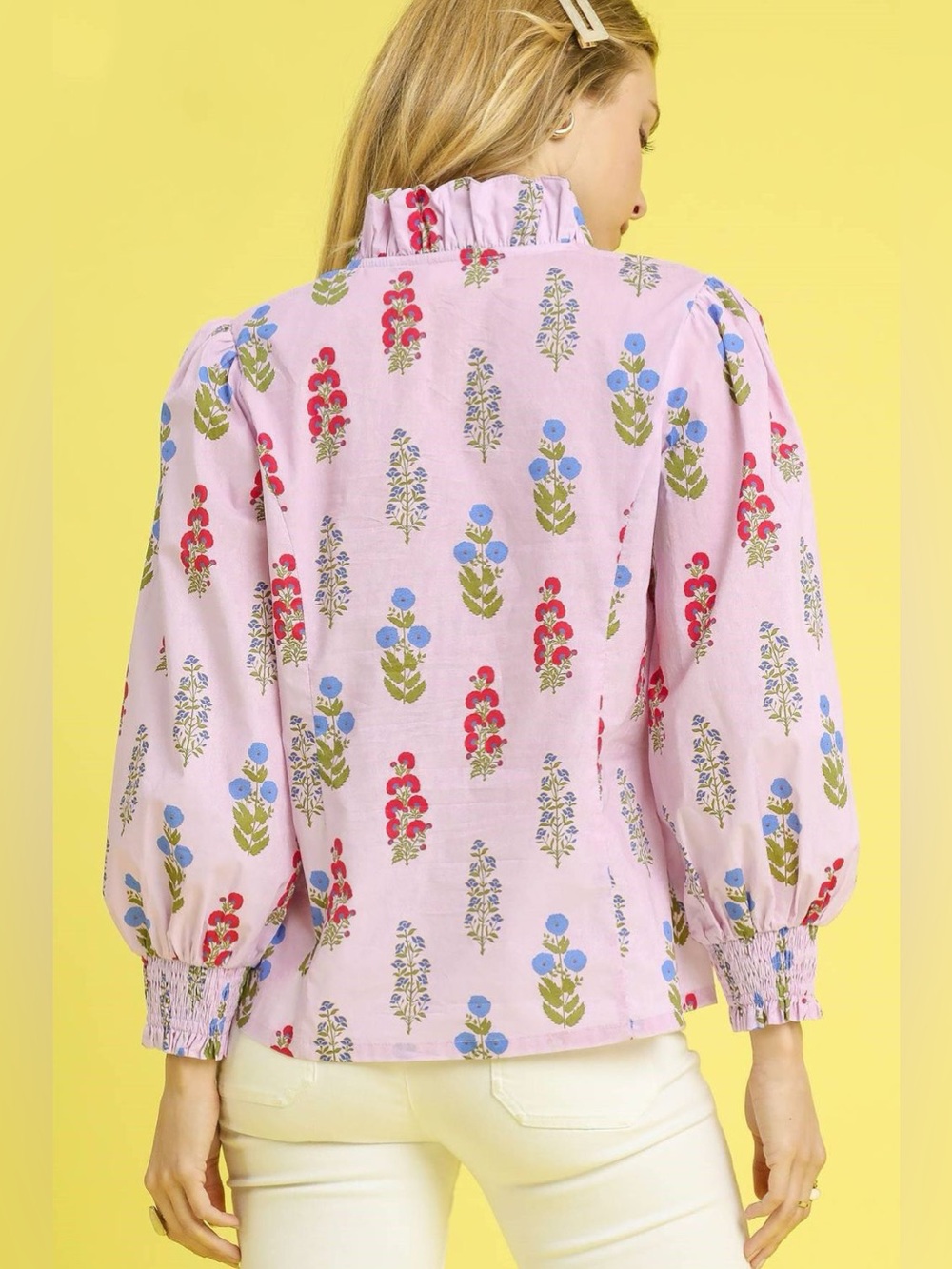 Umgee Floral Print Lantern Sleeve Button Down Shirt - Picture 3 of 4